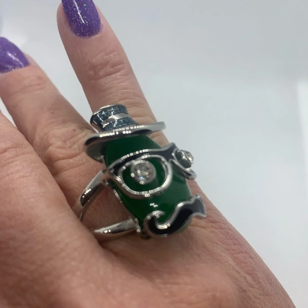 Simulated Green Cats Eye, Austrian Crystal Ring